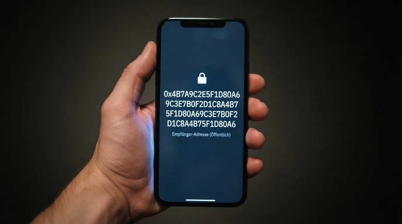 Nahaufnahme eines Smartphone-Bildschirms mit einer digitalen Wallet-Adresse.
